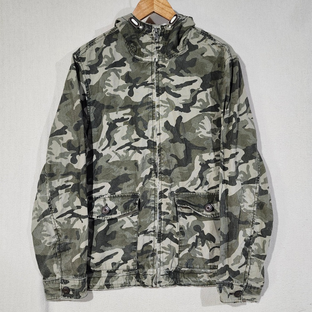 Old Navy Mens Green Camo Hooded Field Jacket Utility Cotton Canvas Size Medium